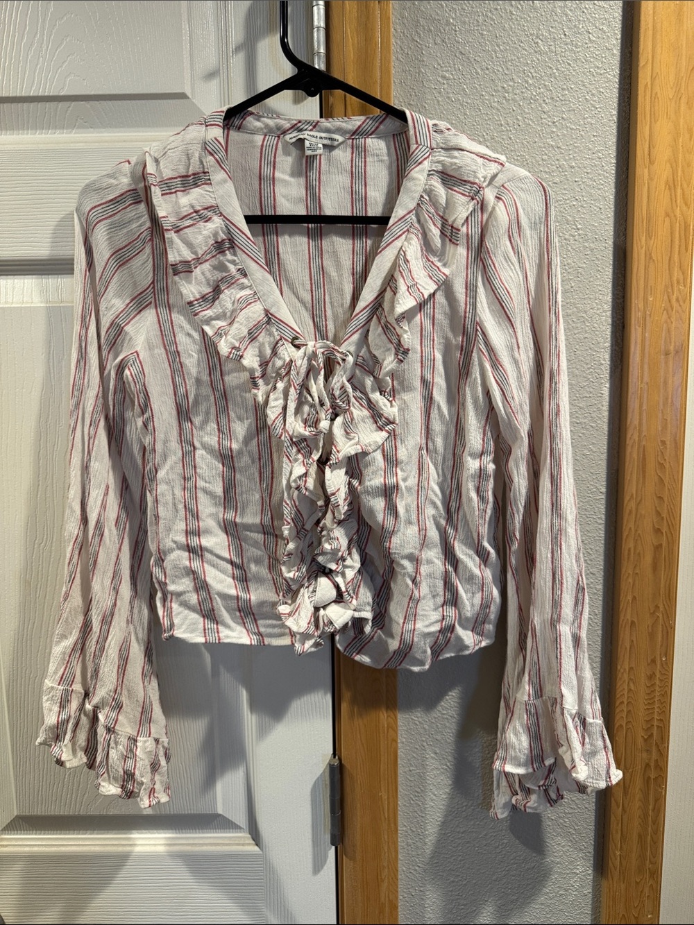 American Eagle Outfitters White Blouse with Red Stripes and Ruffle Front